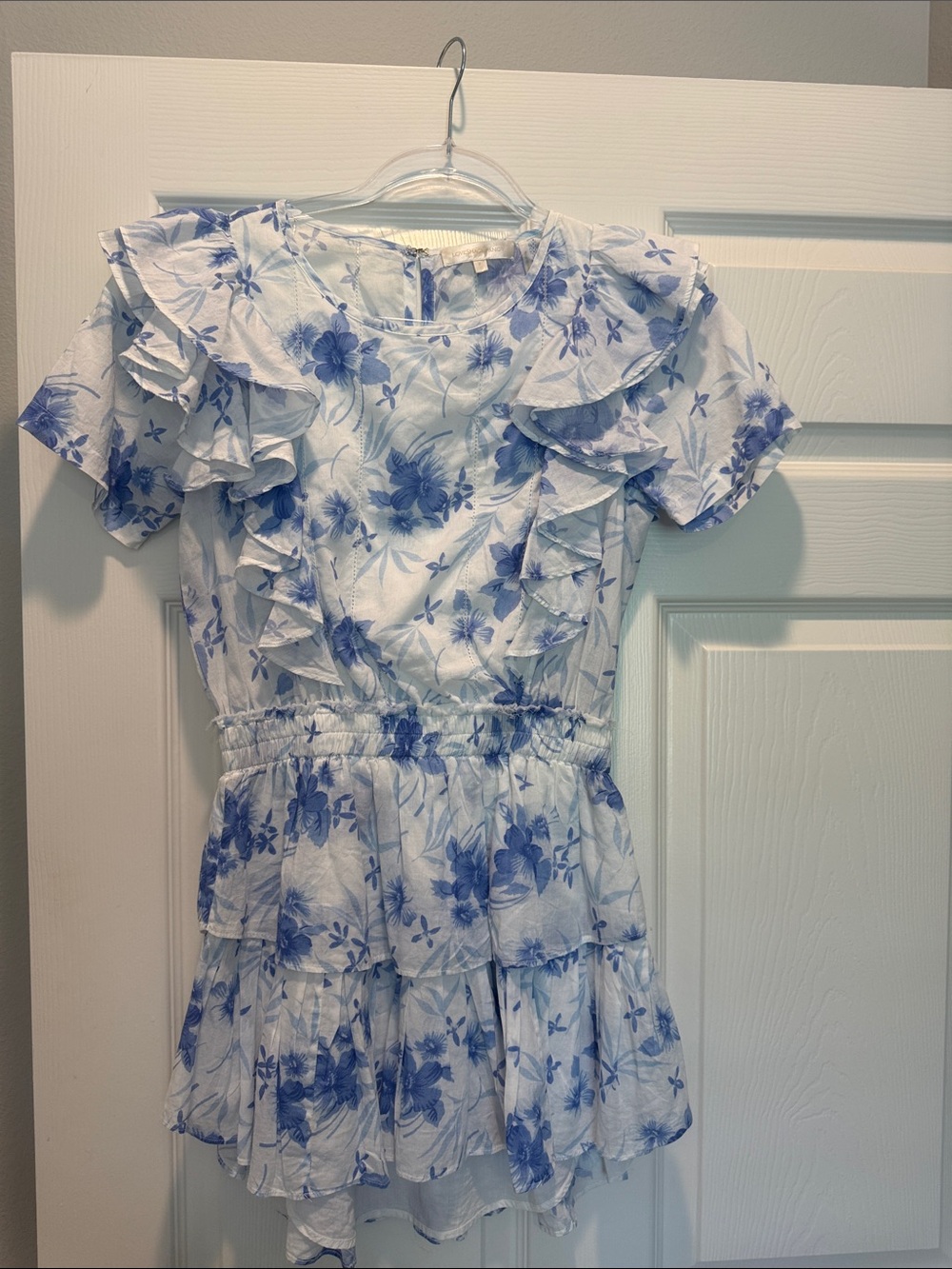 LoveShackFancy White and Blue Floral Ruffle Mini Dress